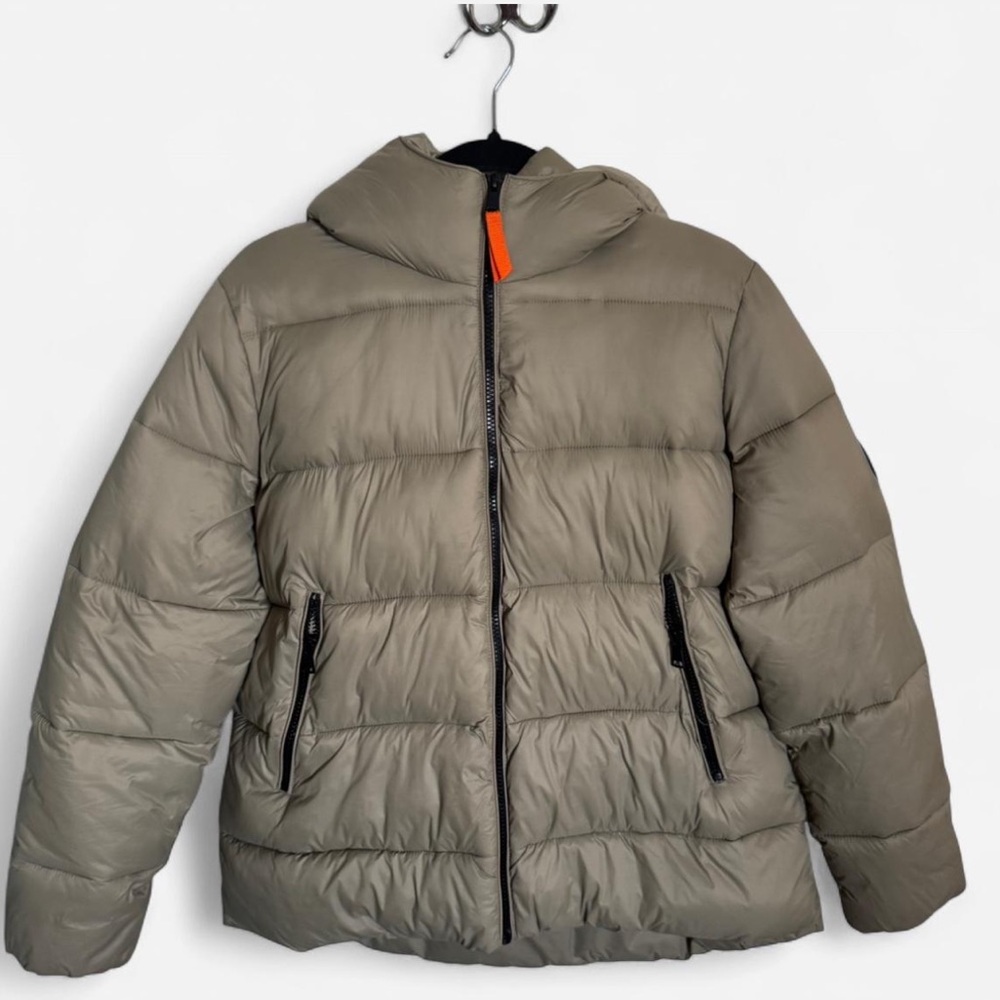 Zara Khaki Puffer Coat with Black Zipper